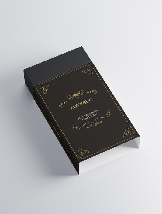 LOVEBUG Anti-Age Peptide Collection box in ink, angled view