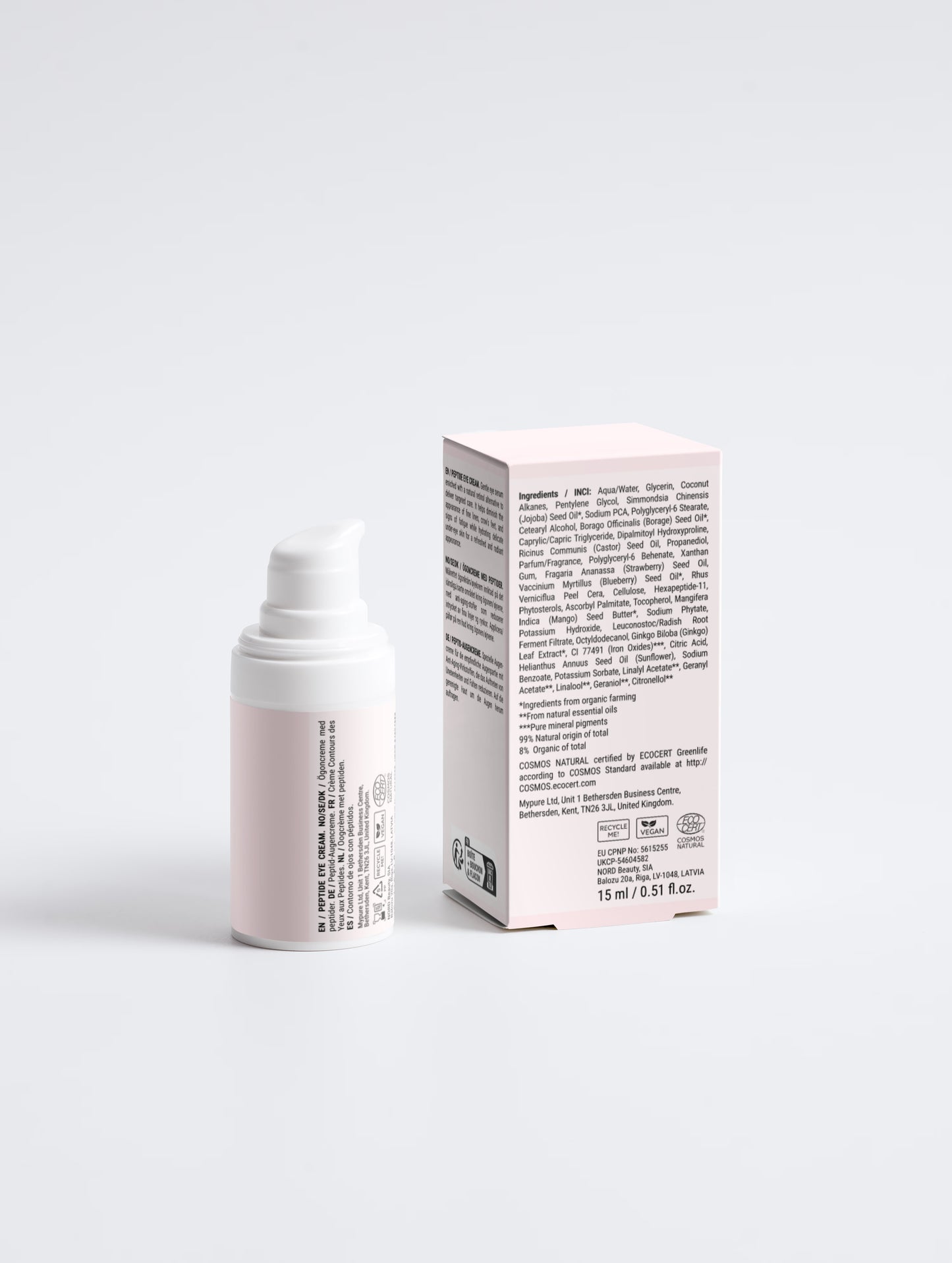LOVEBUG Peptide Age-Defying Eye Cream with the carton turned to show the ingredient list