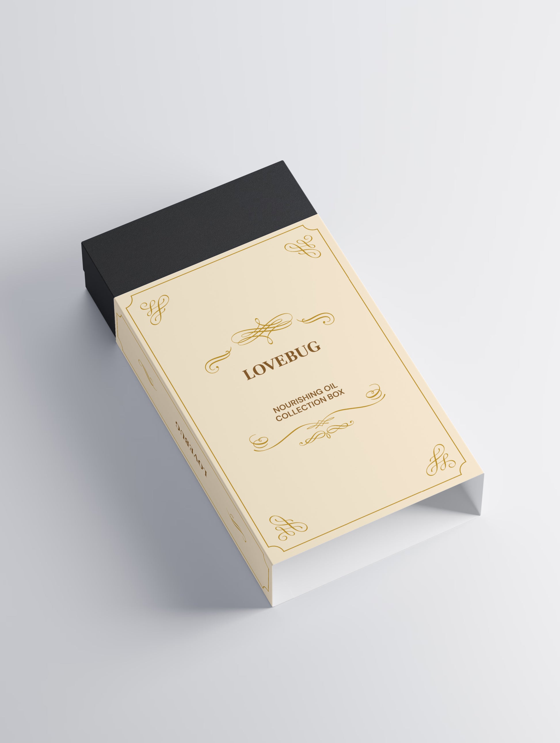 LOVEBUG Nourishing Oil Collection Box in amber, angled view