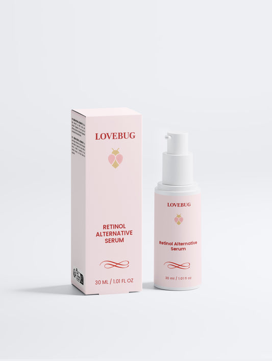LOVEBUG Retinol Alternative Serum, 30 ml pump bottle beside its carton
