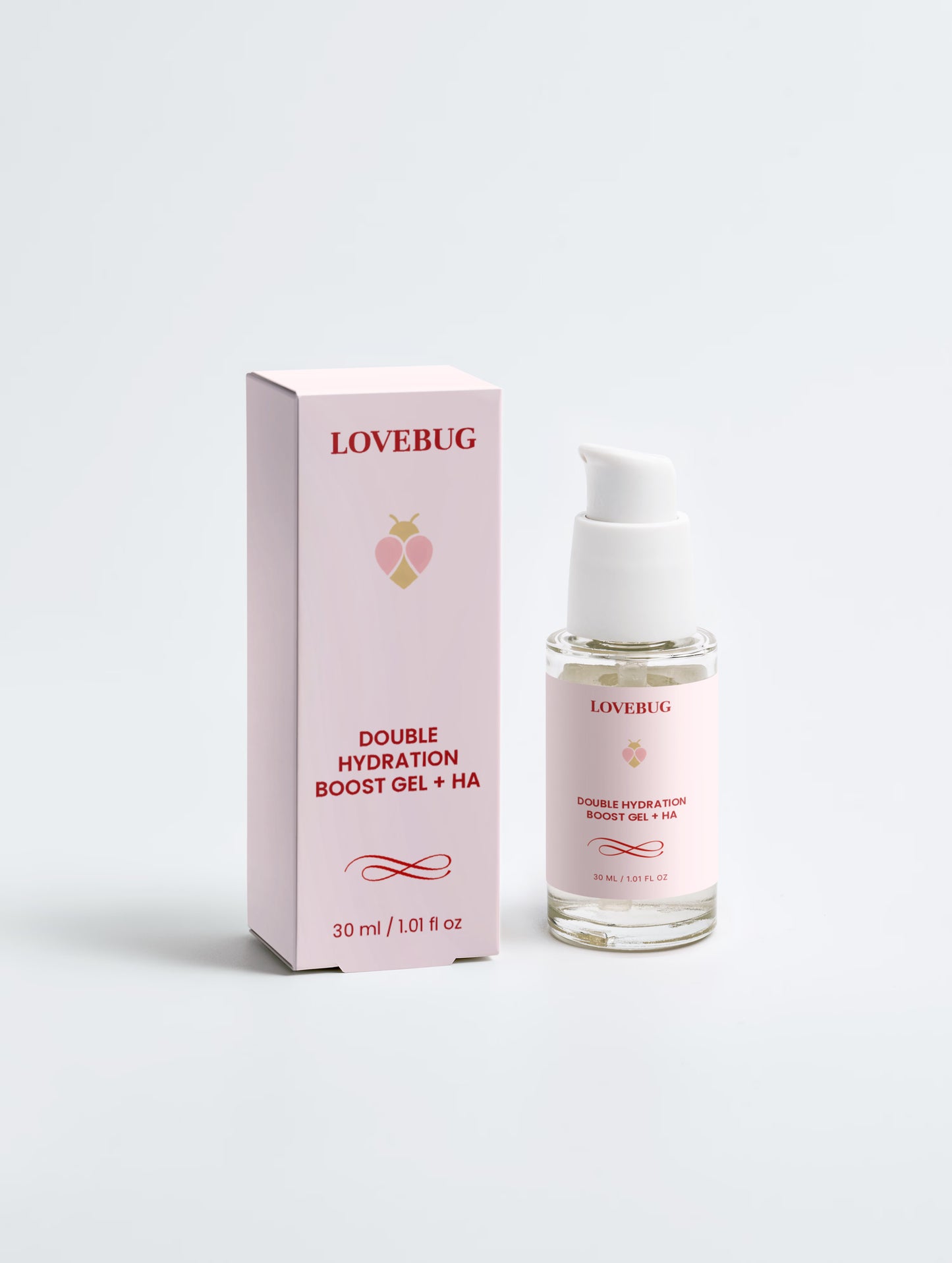 LOVEBUG Double Hydration Boost Gel + HA, 30 ml pump bottle beside its carton