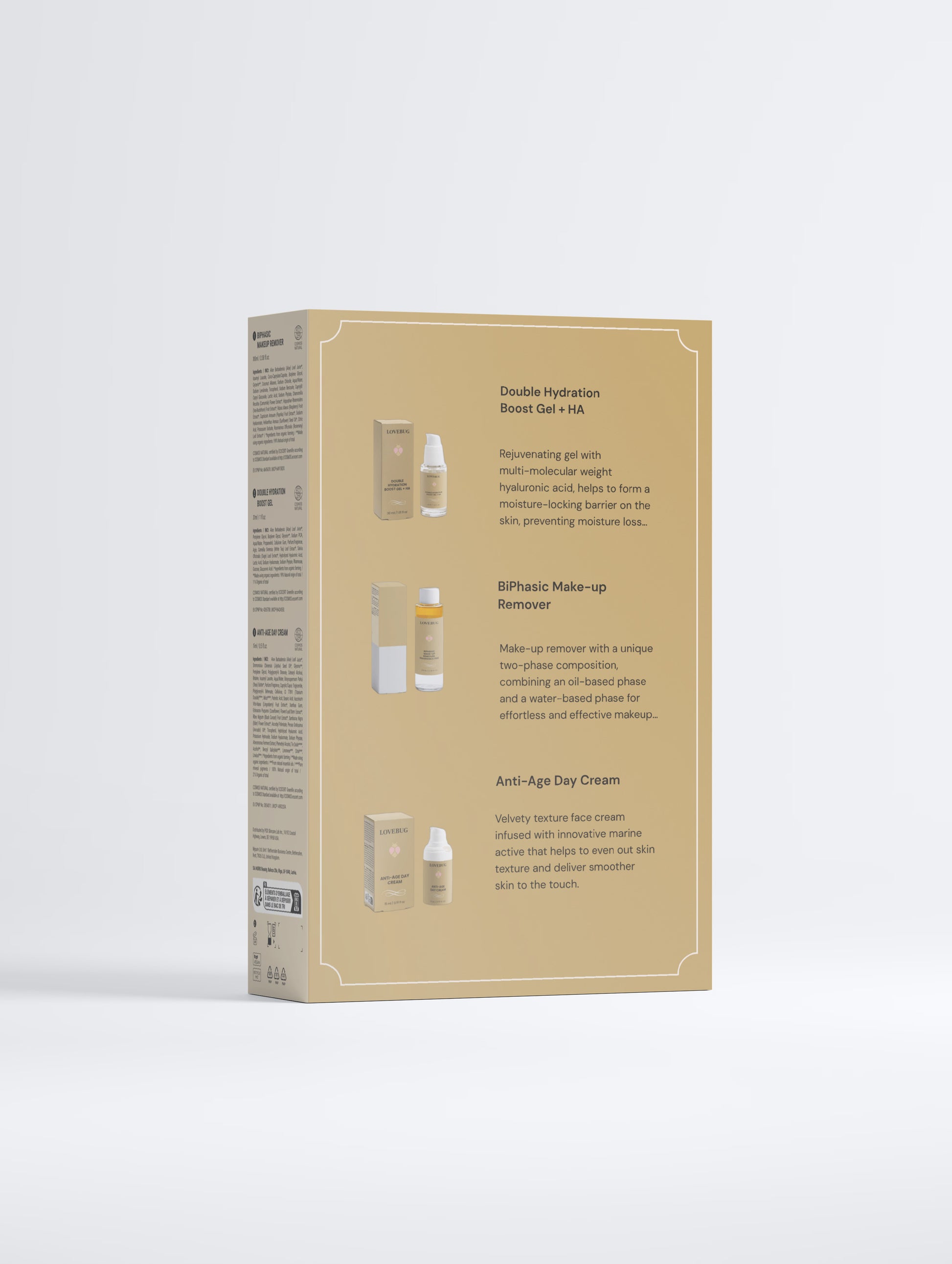Back of the LOVEBUG Timeless Radiance Collection Box, showing the three formulas inside