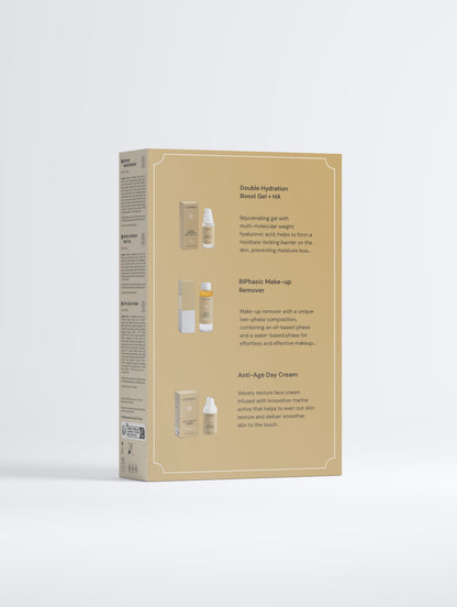 Back of the LOVEBUG Timeless Radiance Collection Box, showing the three formulas inside