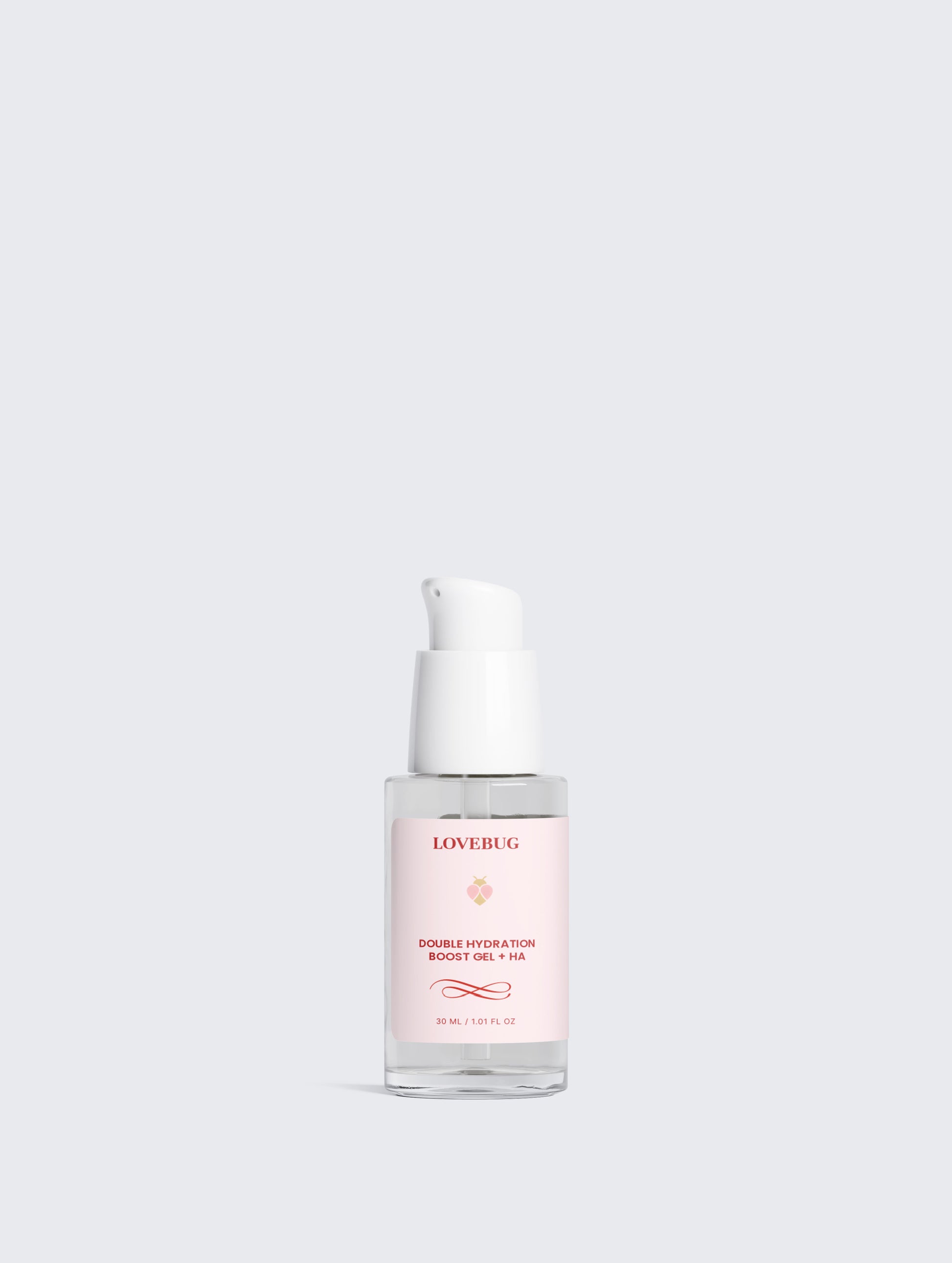 LOVEBUG Double Hydration Boost Gel + HA pump bottle, front view
