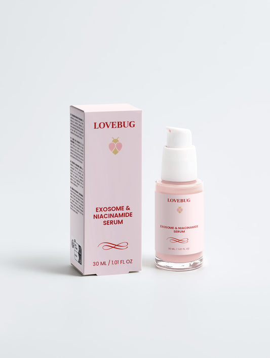 LOVEBUG Exosome and Niacinamide Serum, 30 ml pump bottle beside its carton