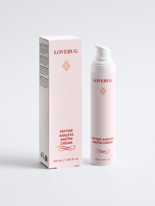 LOVEBUG Peptide Ageless AM/PM Cream, 50 ml airless pump bottle beside its carton