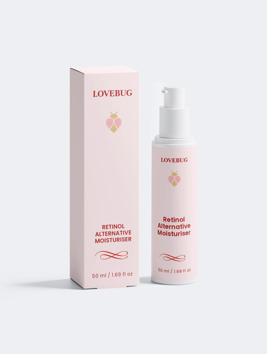 LOVEBUG Retinol Alternative Moisturiser, 50 ml pump bottle beside its carton