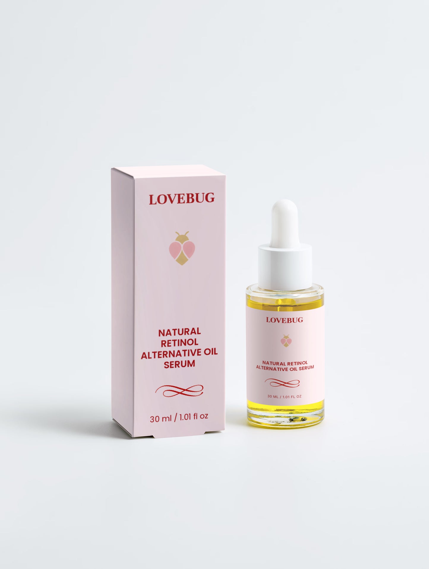 LOVEBUG Retinol Alternative Oil Serum, 30 ml dropper bottle beside its carton