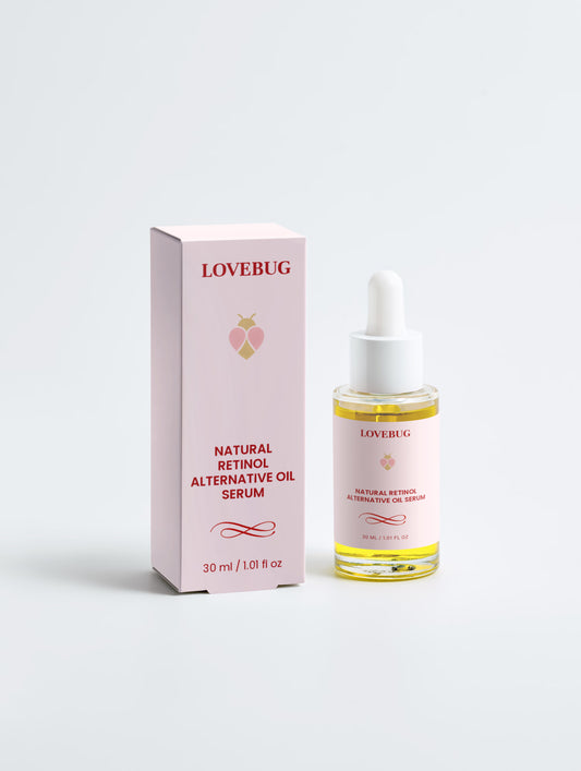 LOVEBUG Retinol Alternative Oil Serum, 30 ml dropper bottle beside its carton