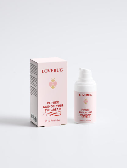 LOVEBUG Peptide Age-Defying Eye Cream, 15 ml pump bottle beside its carton