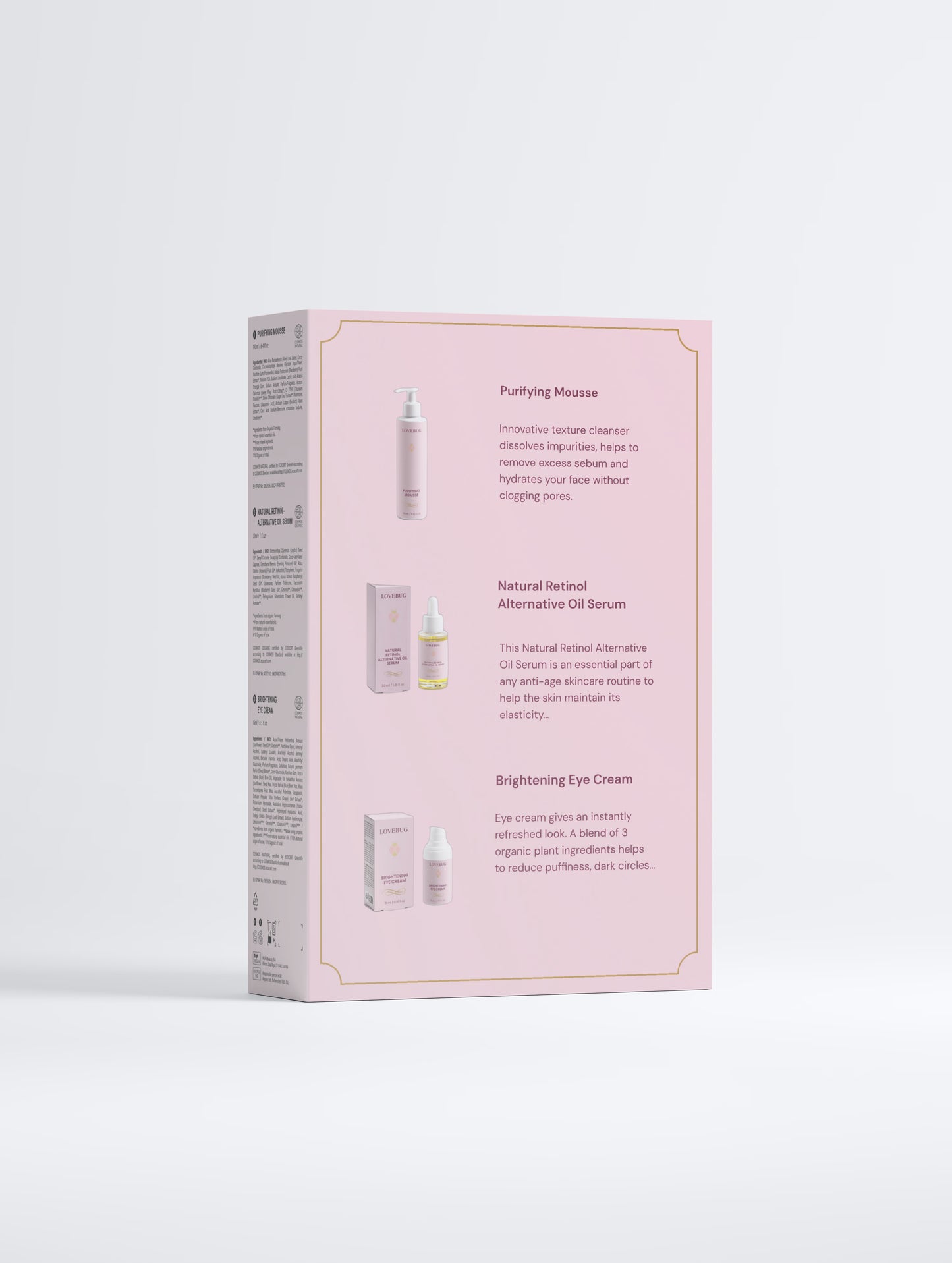 Back of the LOVEBUG Retinol Alternative Collection Box, showing the three formulas inside