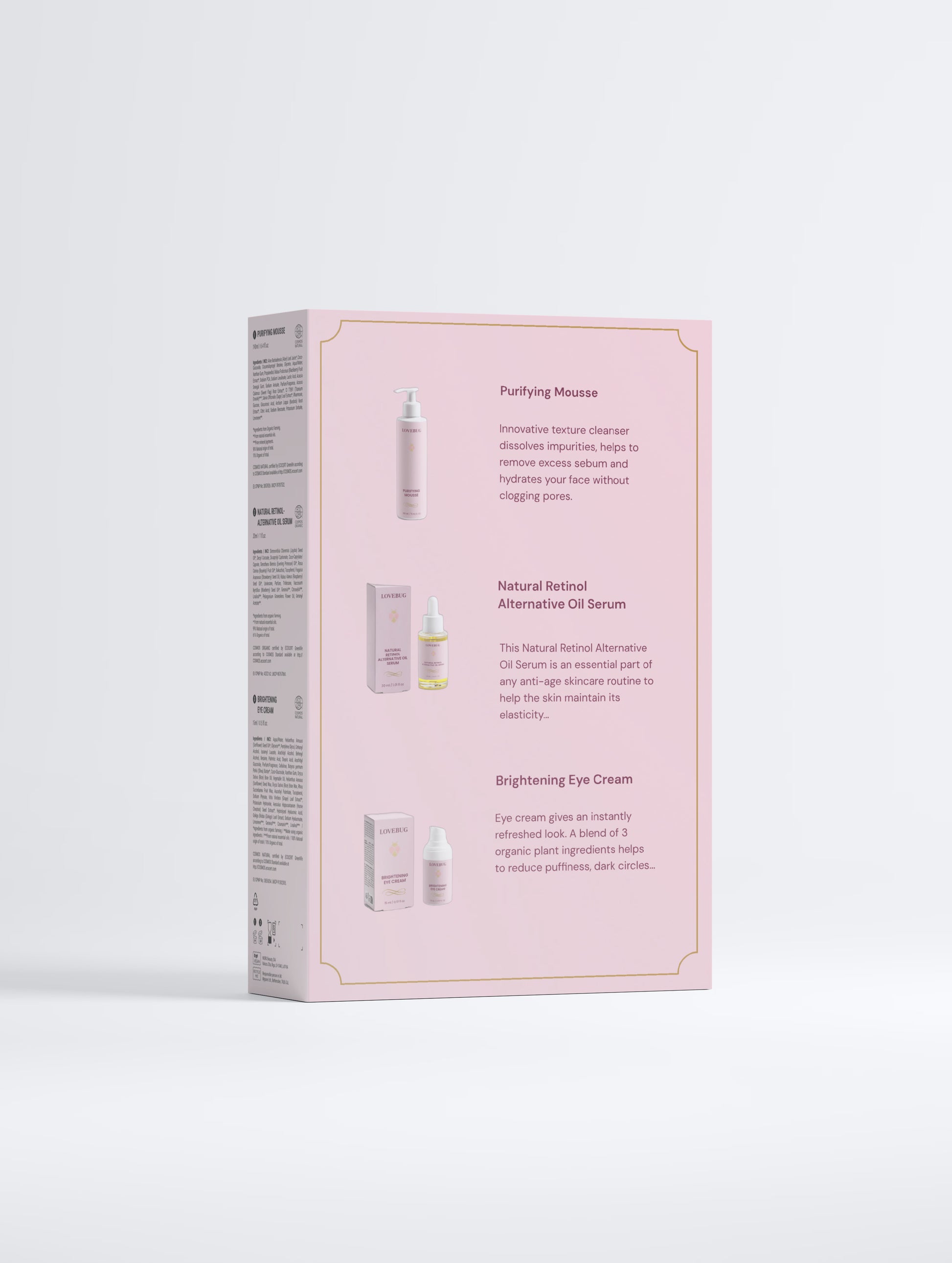 Back of the LOVEBUG Retinol Alternative Collection Box, showing the three formulas inside