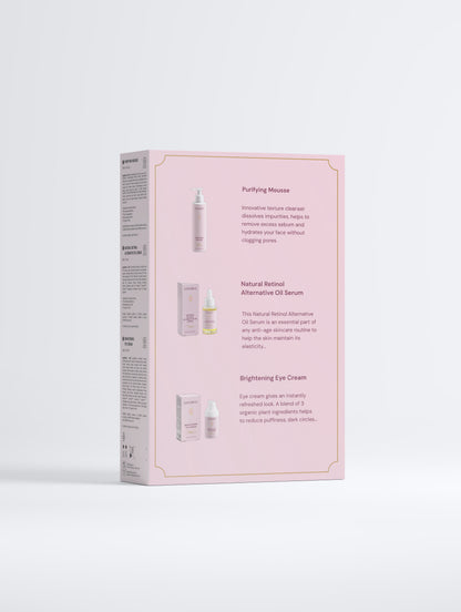 Back of the LOVEBUG Retinol Alternative Collection Box, showing the three formulas inside