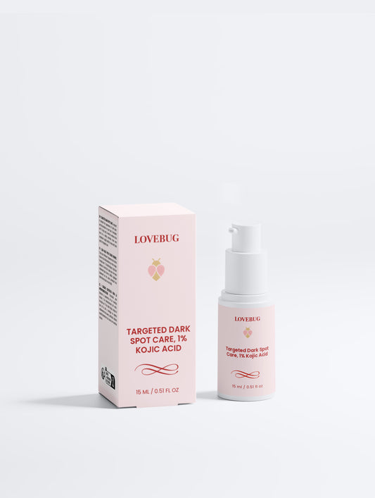 LOVEBUG Targeted Dark Spot Care with 1% kojic acid, 15 ml pump bottle beside its carton