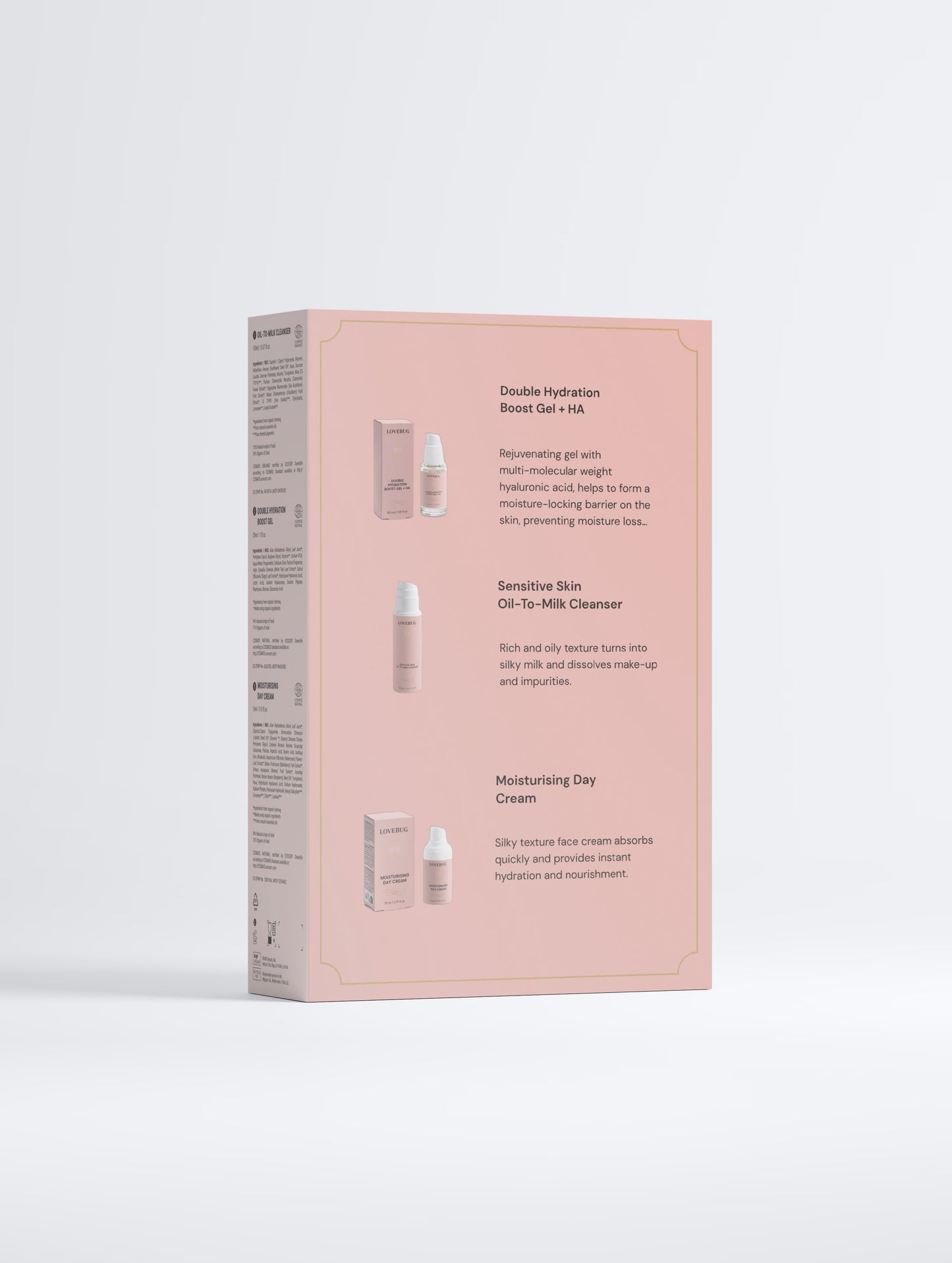 Back of the LOVEBUG Hydration Ritual Collection Box, showing the three formulas inside
