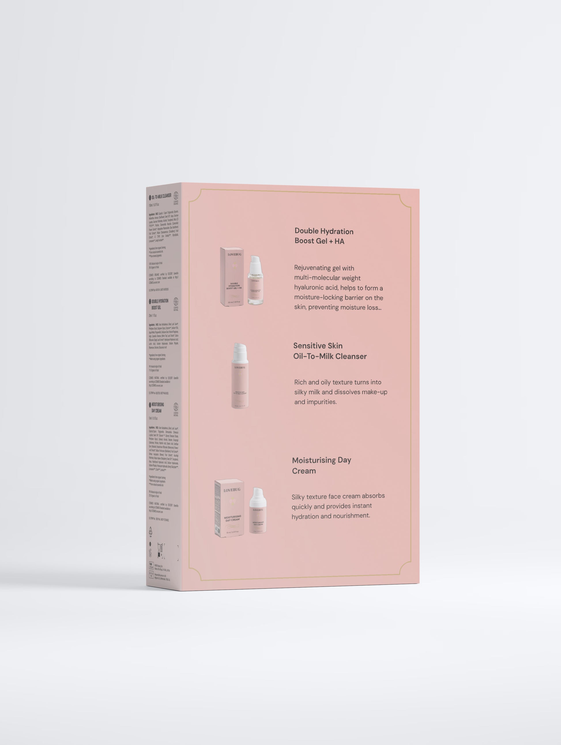 Back of the LOVEBUG Hydration Ritual Collection Box, showing the three formulas inside