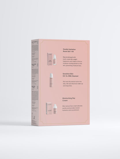 Back of the LOVEBUG Hydration Ritual Collection Box, showing the three formulas inside