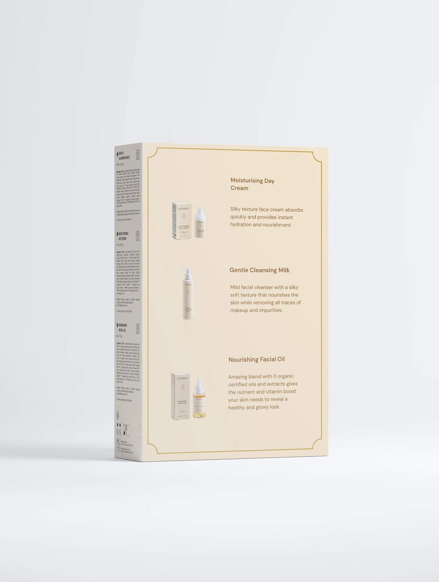 Back of the LOVEBUG Nourishing Oil Collection Box, showing the three formulas inside