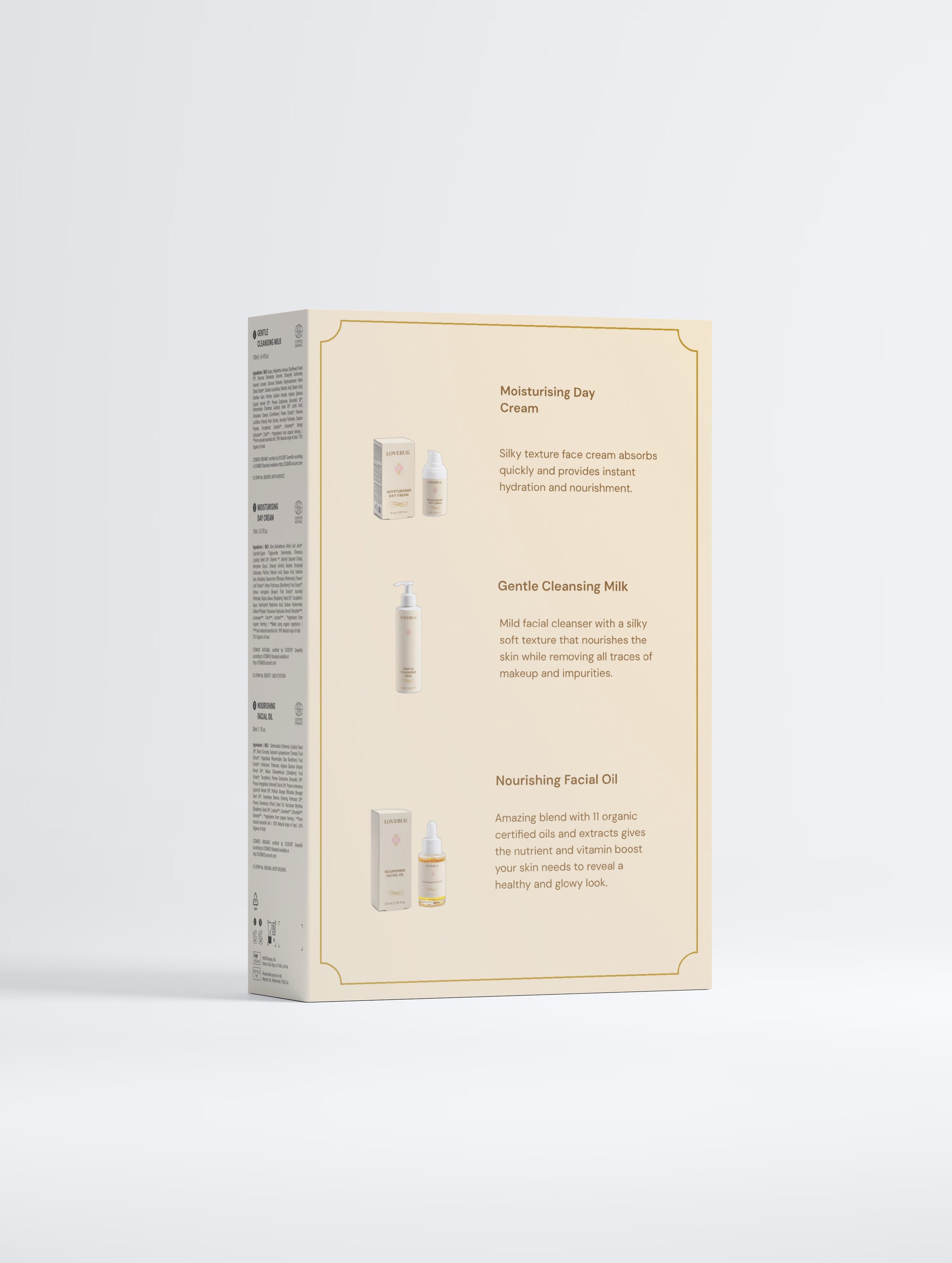 Back of the LOVEBUG Nourishing Oil Collection Box, showing the three formulas inside