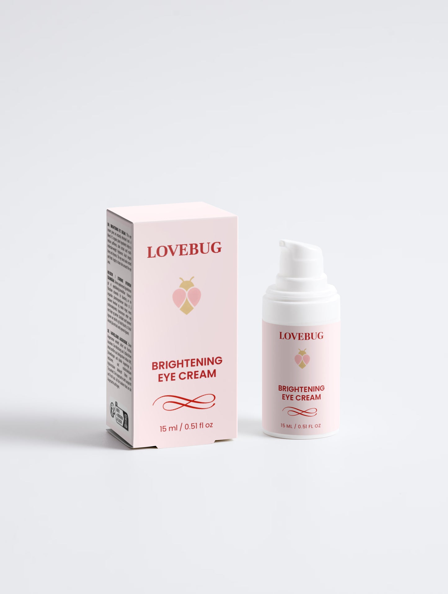 LOVEBUG Brightening Eye Cream, 15 ml pump bottle beside its carton