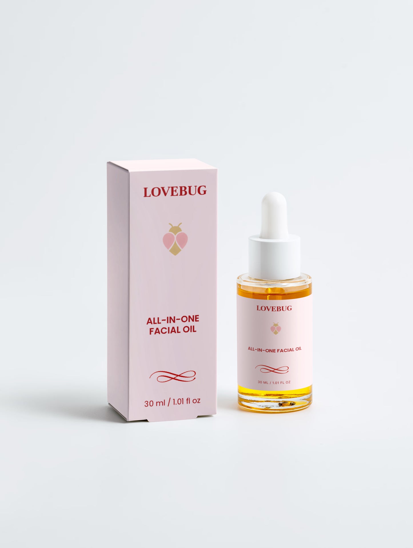 LOVEBUG All-In-One Facial Oil, 30 ml dropper bottle beside its carton
