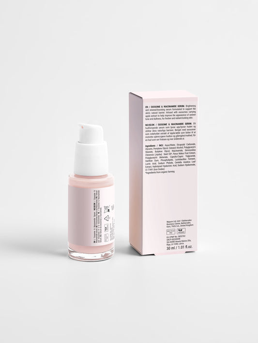 LOVEBUG Exosome and Niacinamide Serum with the carton turned to show the ingredient list