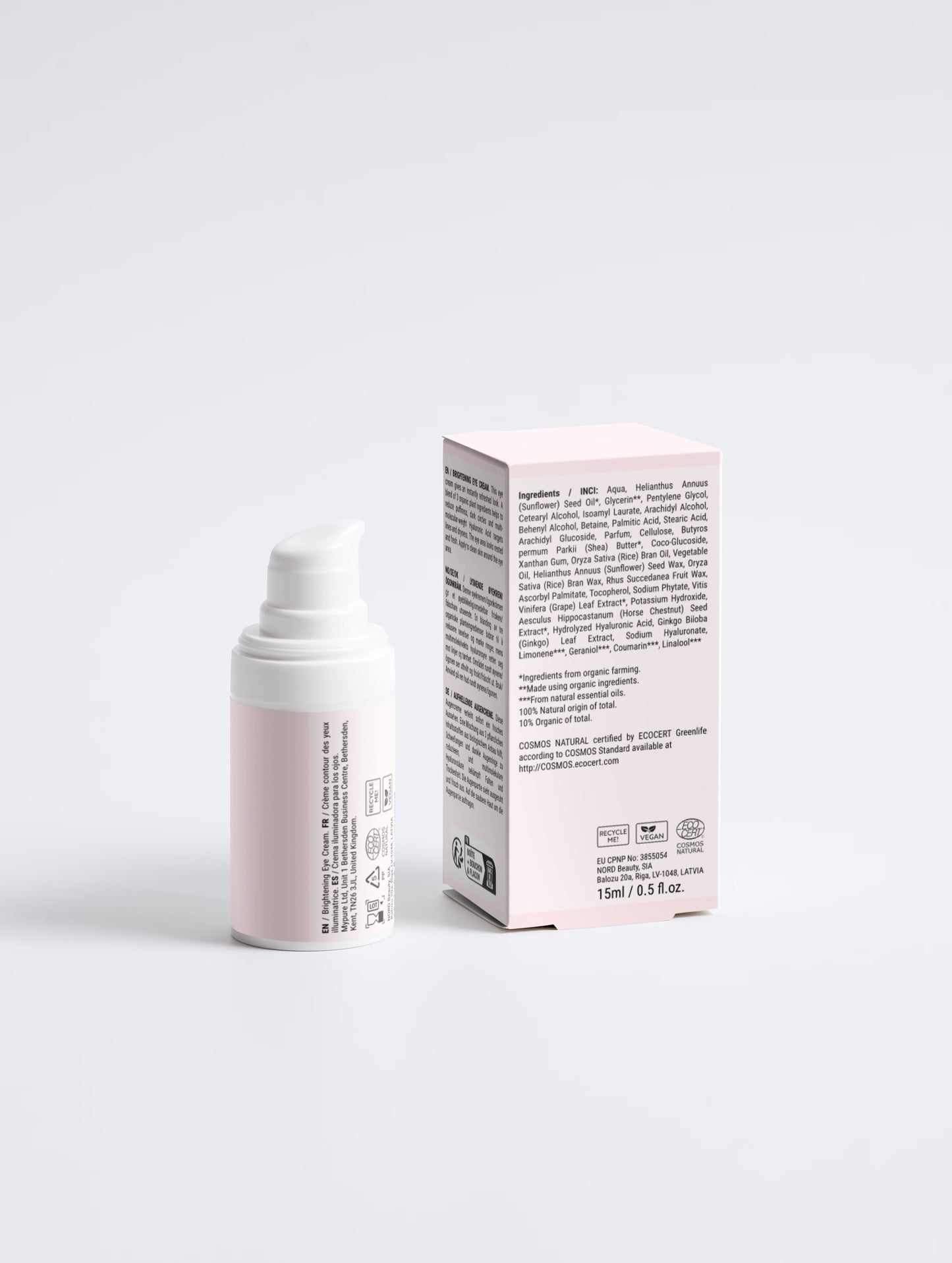 LOVEBUG Brightening Eye Cream with the carton turned to show the ingredient list