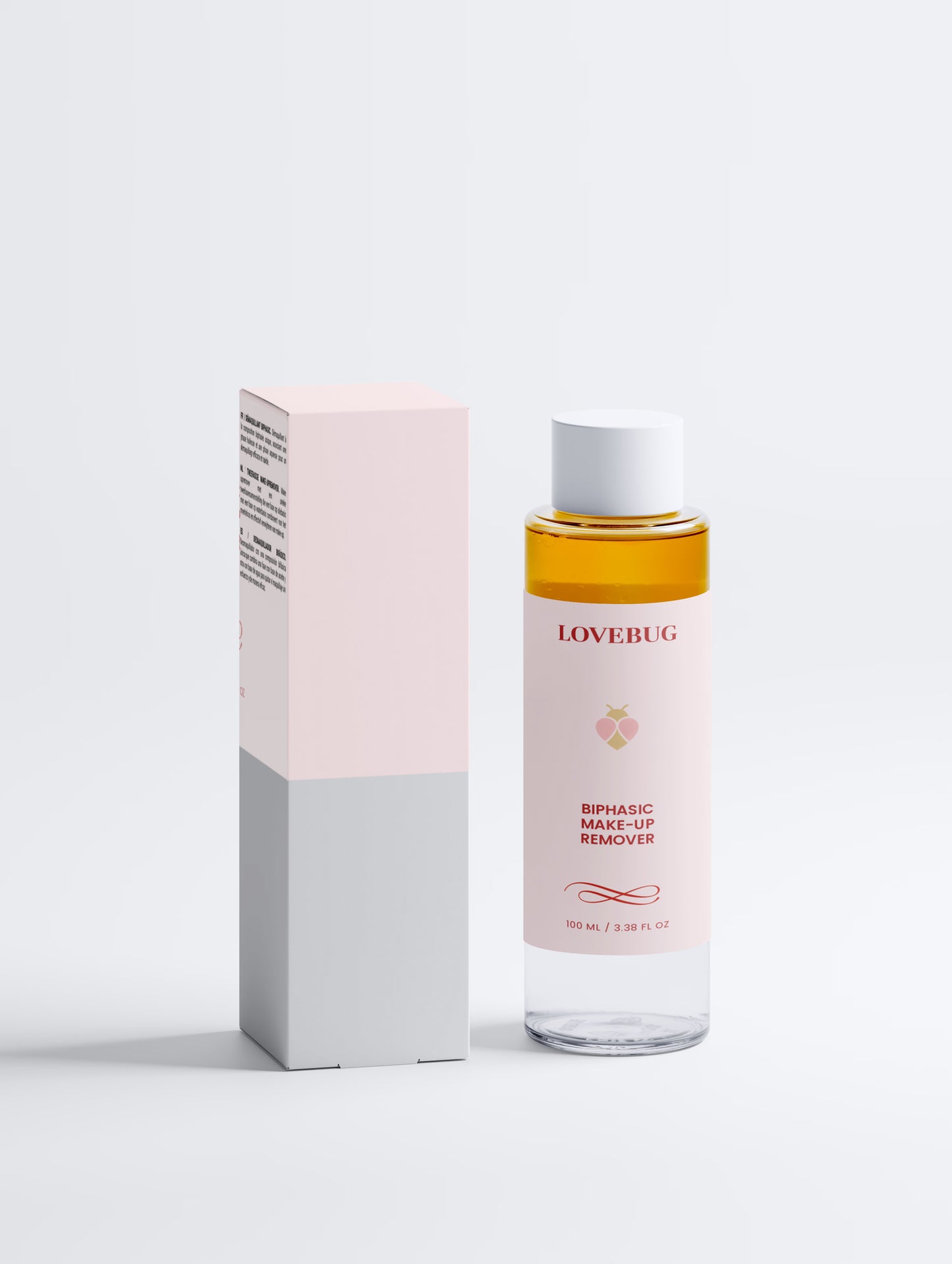 LOVEBUG BiPhasic Make-up Remover, 100 ml bottle beside its carton